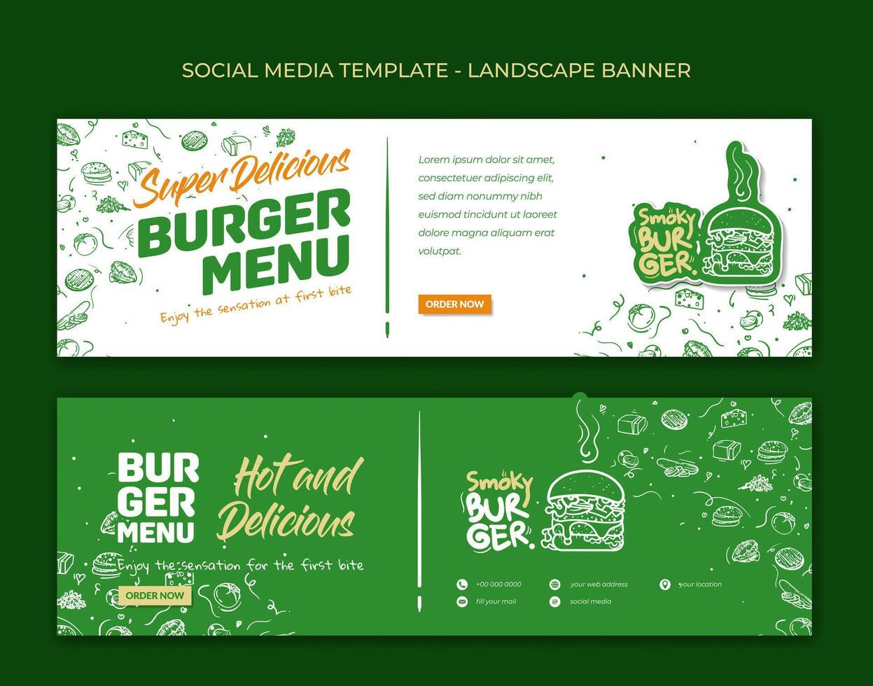 Landscape banner template in white and green background with hand drawn of ingredient for making burger. Good template of fast food or street food advertisement design vector