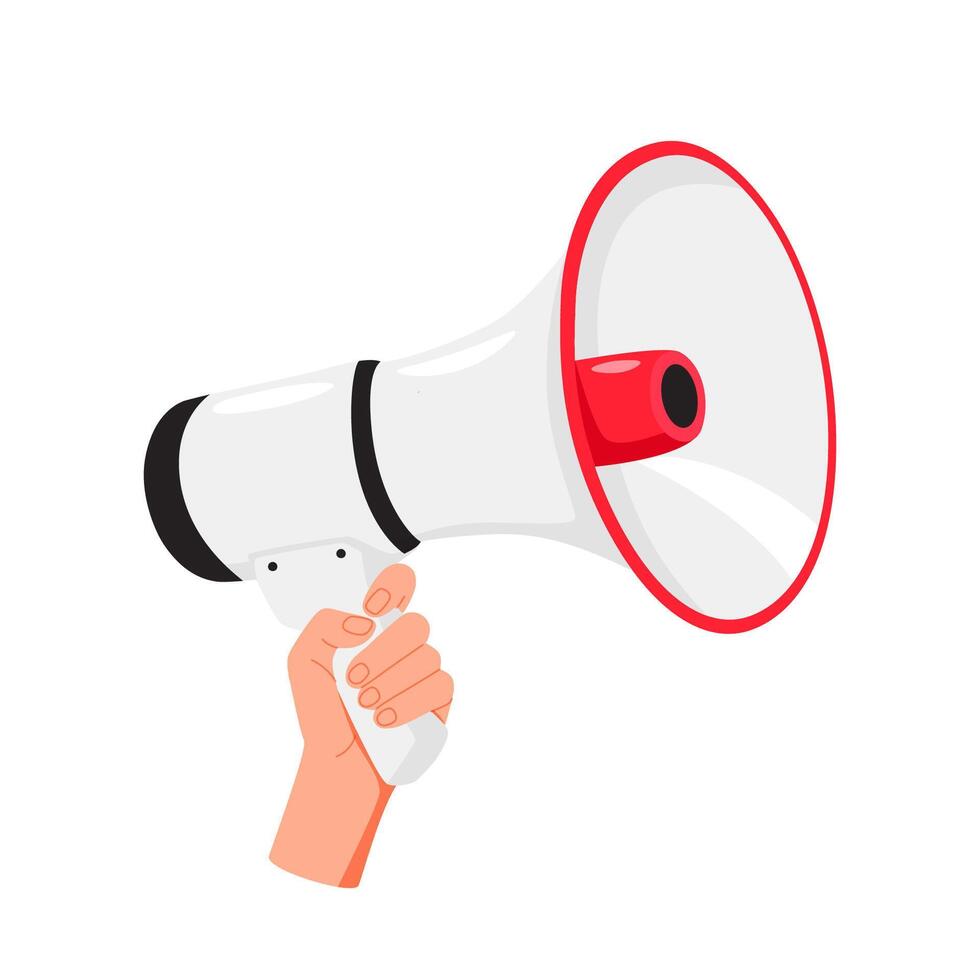 Hand hold megaphone speaker for announce. Attention please. Shouting people, advertisement speech symbol. vector