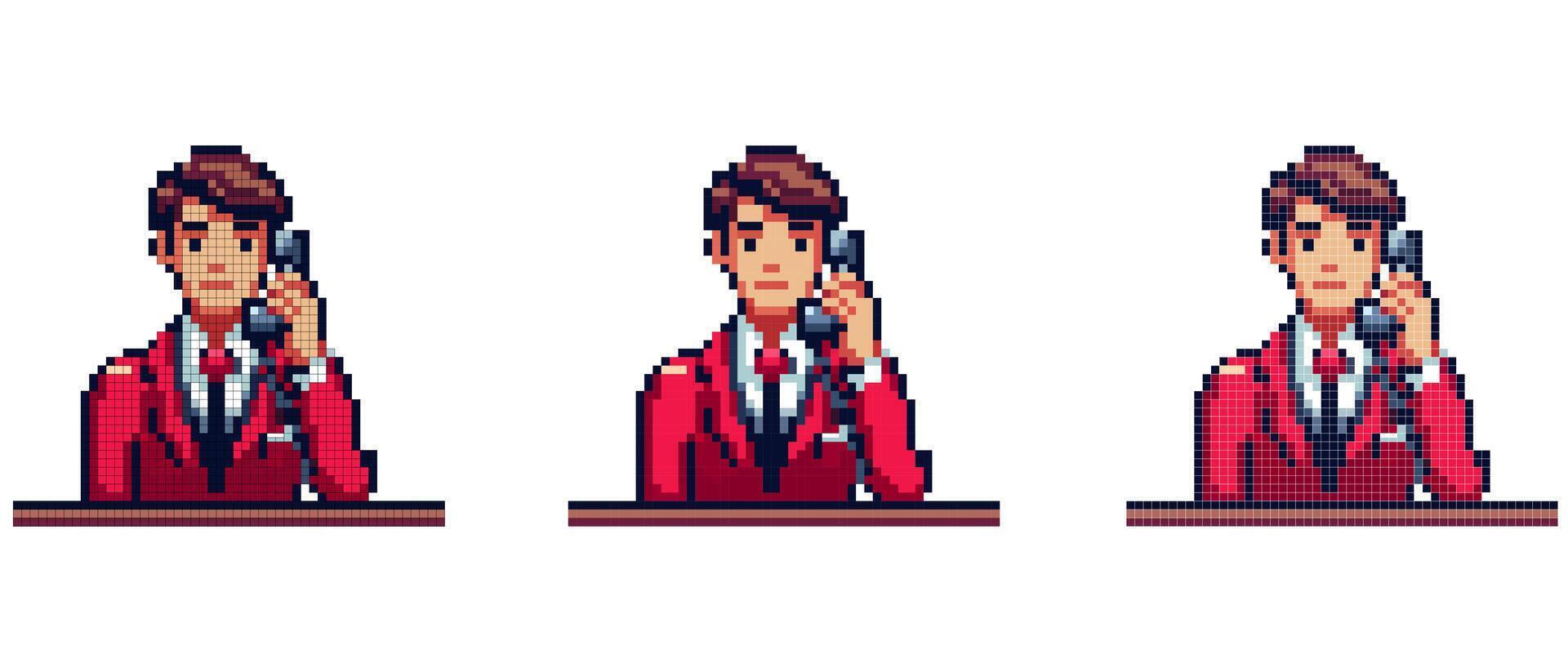 Pixel Art Character Holding Phone Wearing Red Suit with Tie, Office Worker. vector