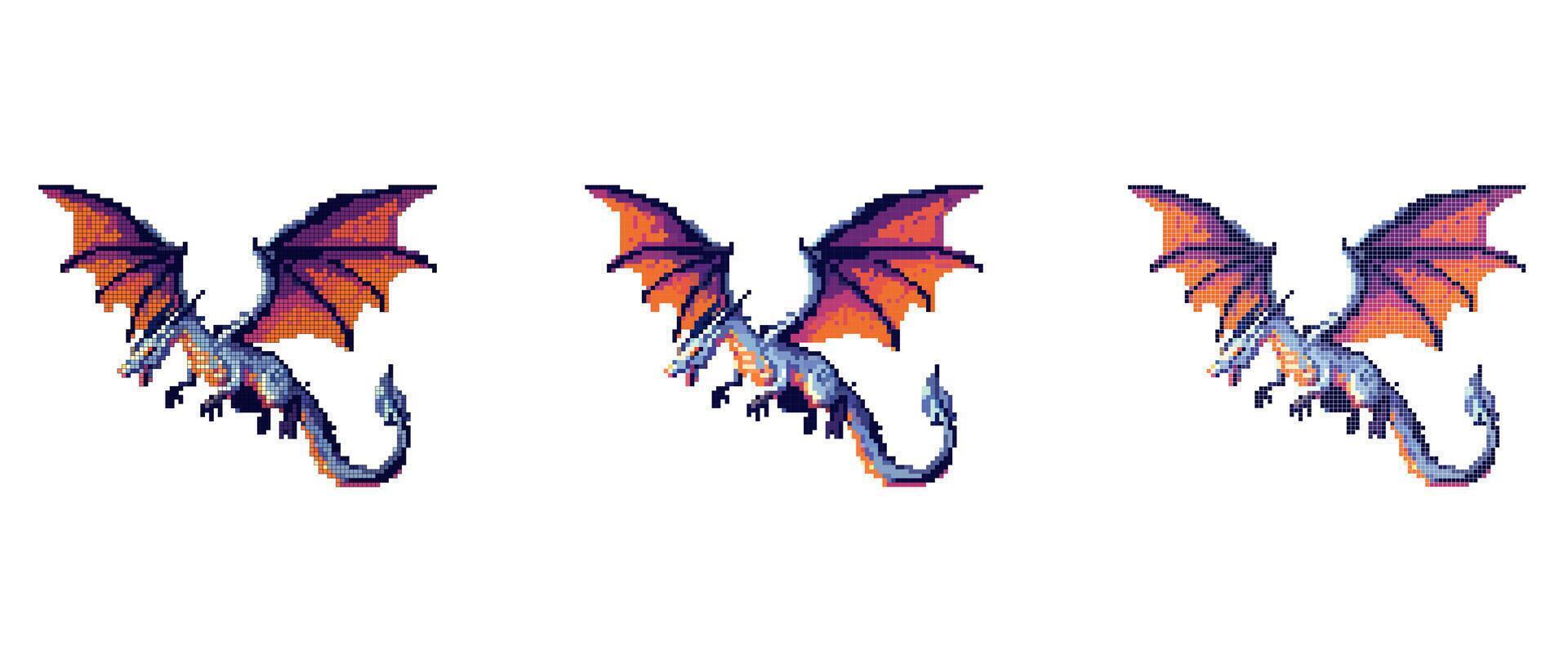 Pixel dragon with blue body and wings. vector