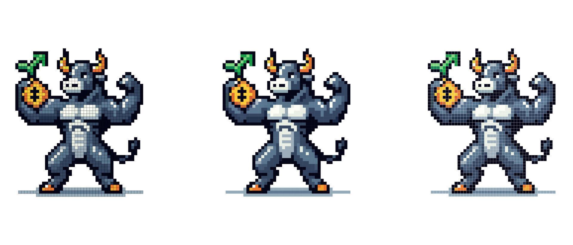 un pixelado toro con un bolso de oro, simbolizando el fuerza y crecimiento de el mercado. vector