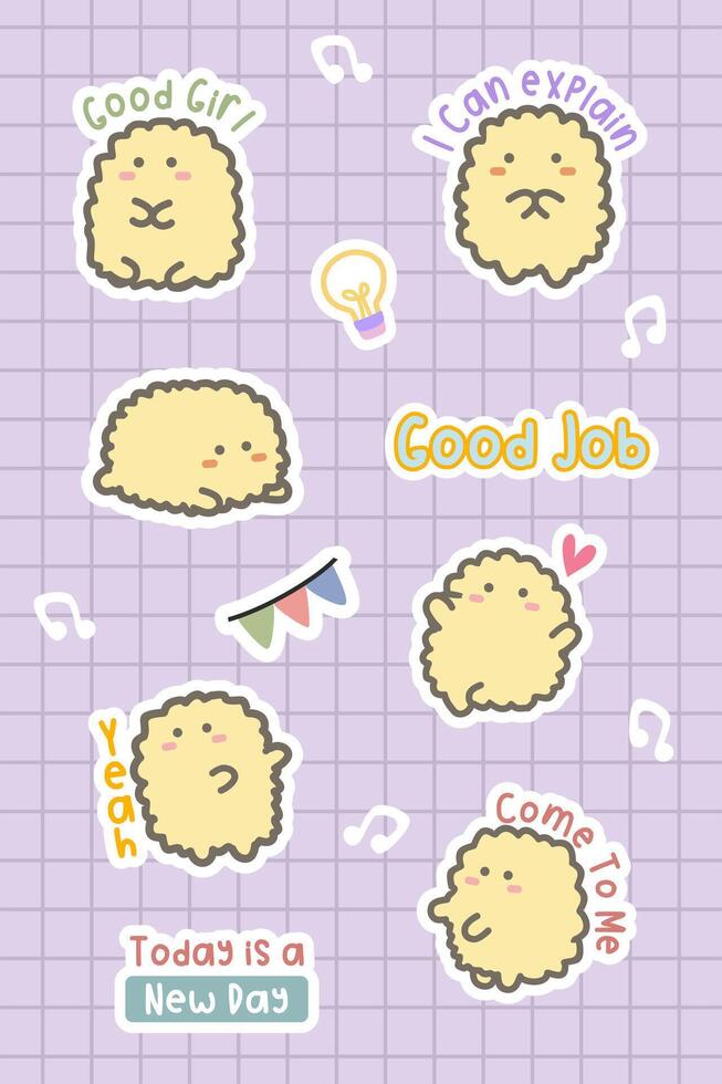 kawaii hand drawn cartoon and motivational word with flag and idea flat icon sticker bundle vector