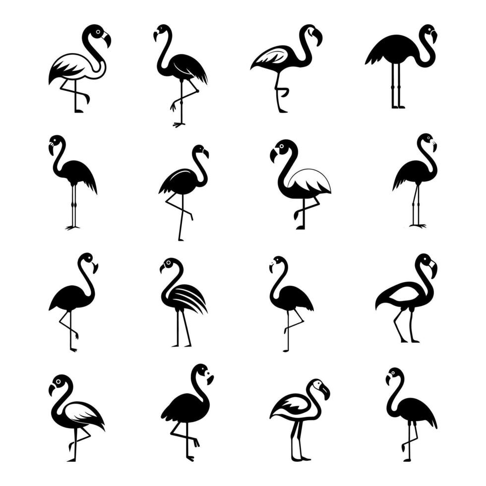 Flamingo black silhouette icon set isolated on white background. Exotic simple bird symbol. vector