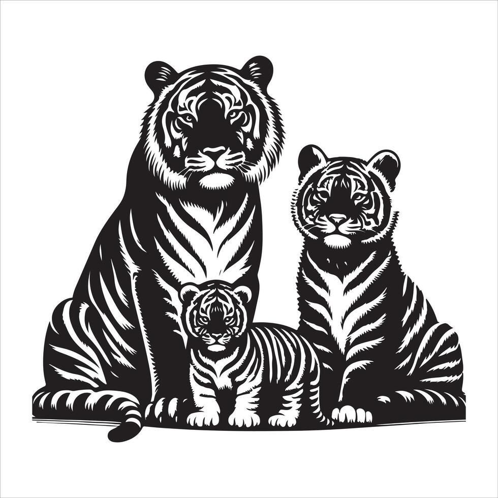 Tigre familia colocar, negro color silueta vector