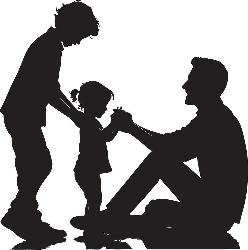 Father Son Daughter Child Playing Father Day Silhouettes, black color silhouette vector