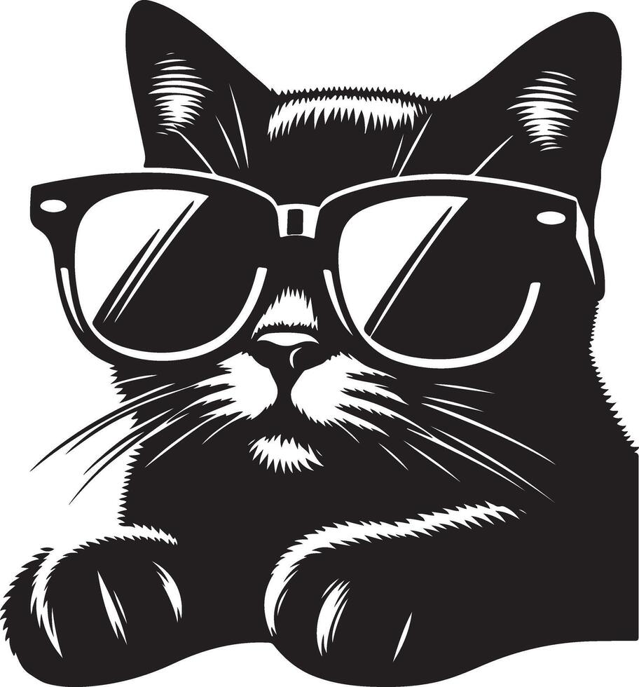 gato con Gafas de sol , negro color silueta, vector