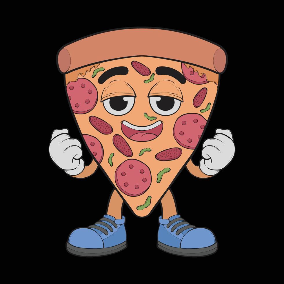 Cartoon pizza character. Happy pizzeria mascot character. coloring page. vector