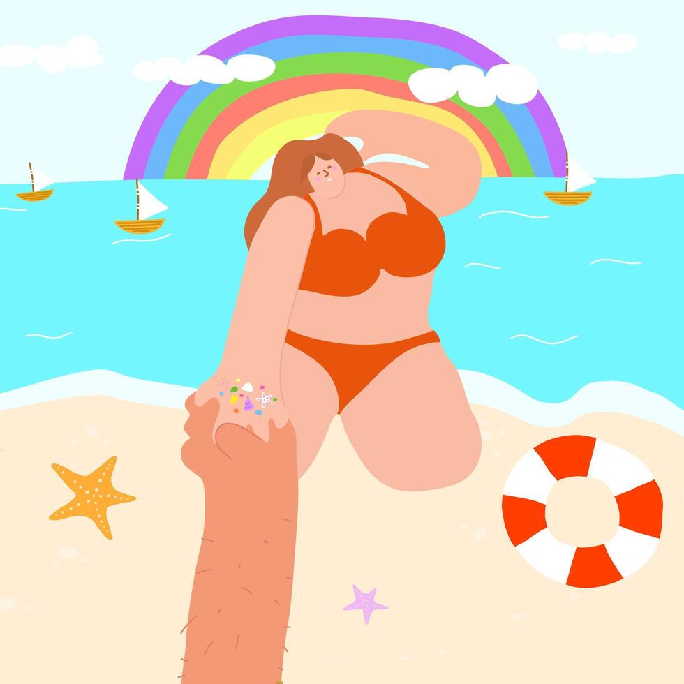 The girl holds starfish, seashells and pebbles vector