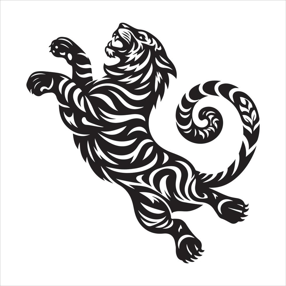 Tribal tiger jump, black color silhouette vector