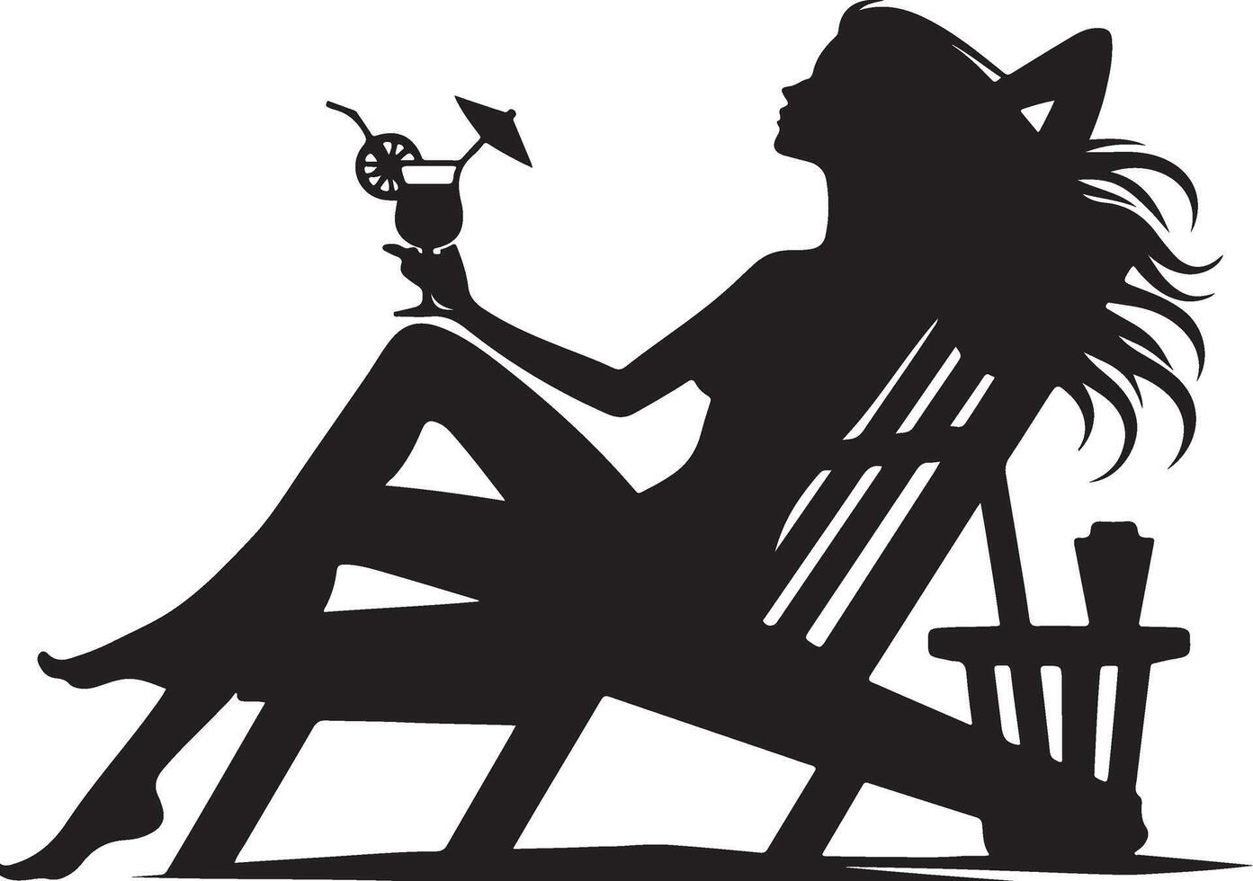 A Woman Relaxing on a Beach Chair with Drink, black color silhouette vector