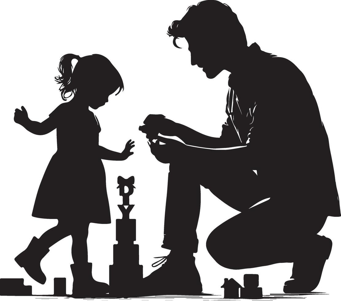 Father Son Daughter Child Playing Father Day Silhouettes, black color silhouette vector