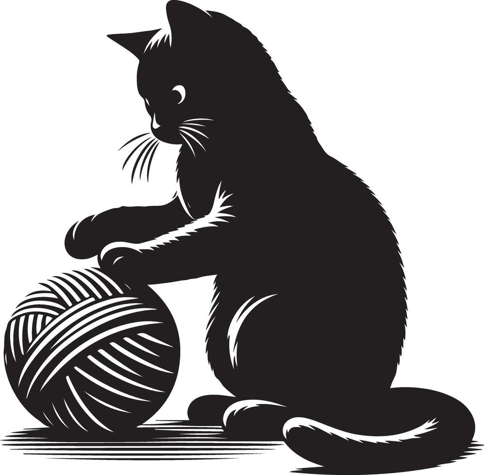 gato jugando con un pelota de lana , negro color silueta vector