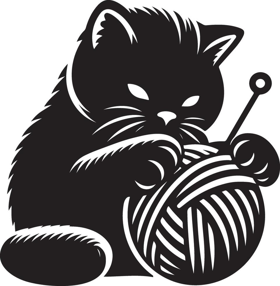 gato jugando con un pelota de lana , negro color silueta vector