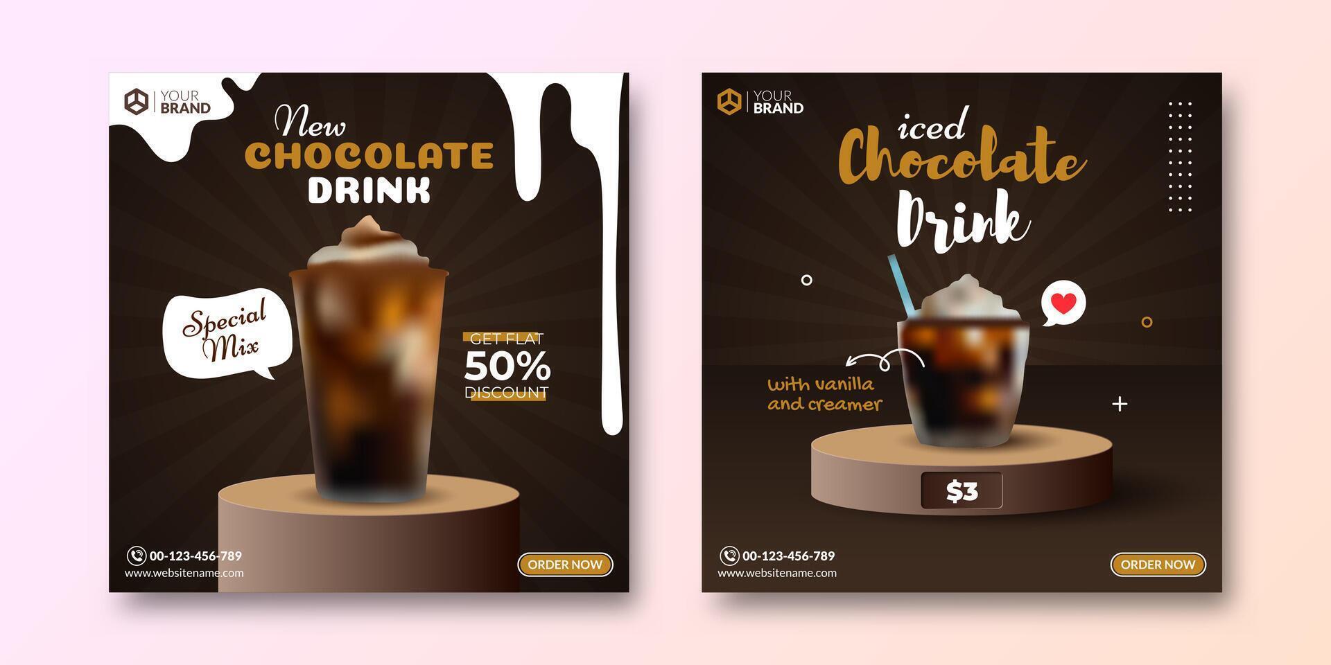 Social media post template for drink product with podium stage and brown background. Chocolate drink digital banner. Mockup of cafe content menu list vector