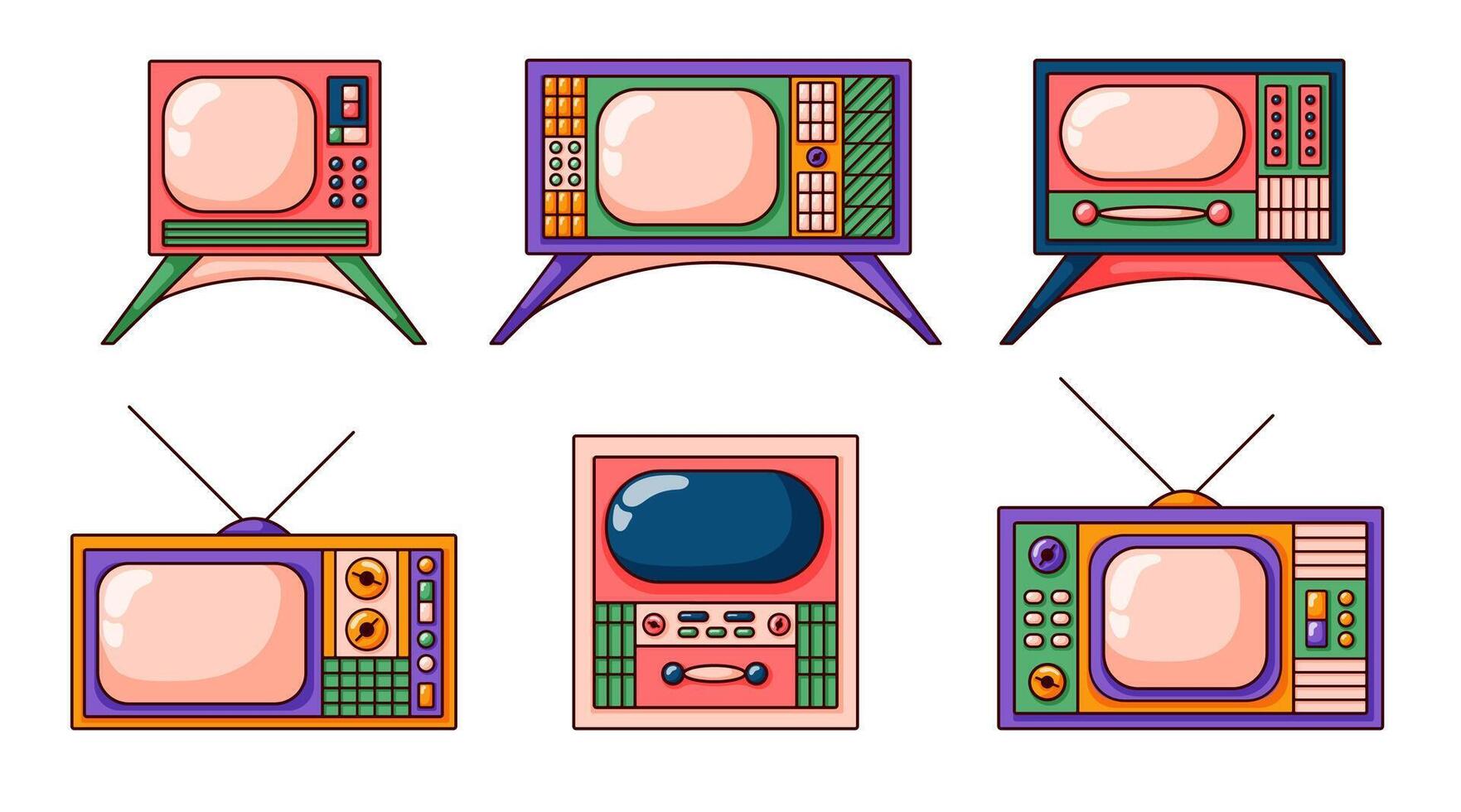 Retro TV set in pop cartoon style. Hand drawn vintage pink collection with screen. illustration isolated on a white background. vector