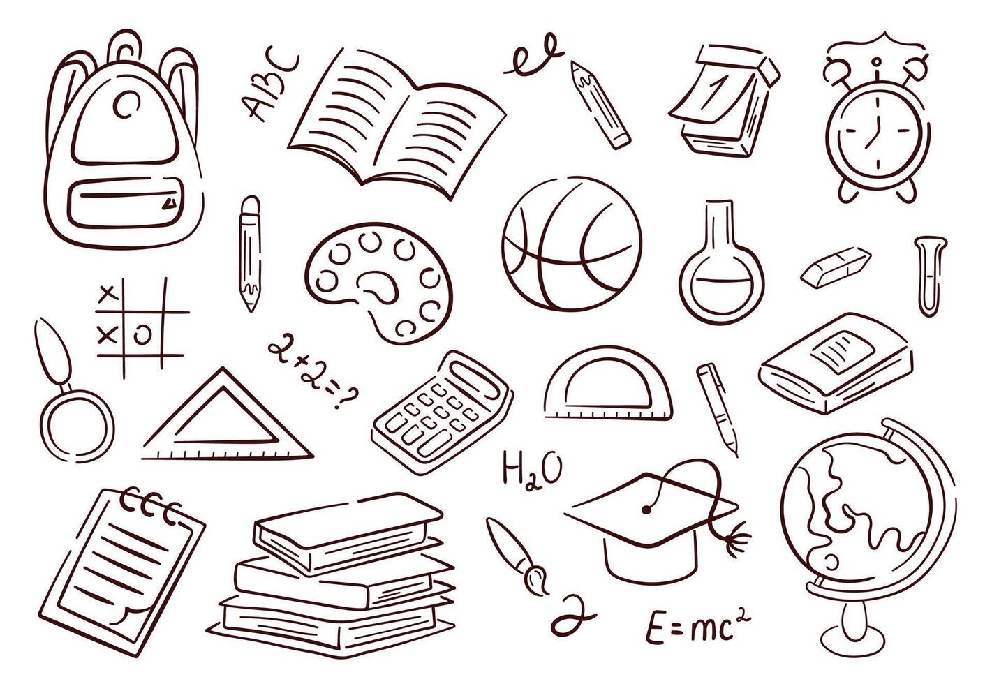 Back school September collection in sketch style. Set of supplies for office, education, teachers and children. illustration isolated on a white background. vector