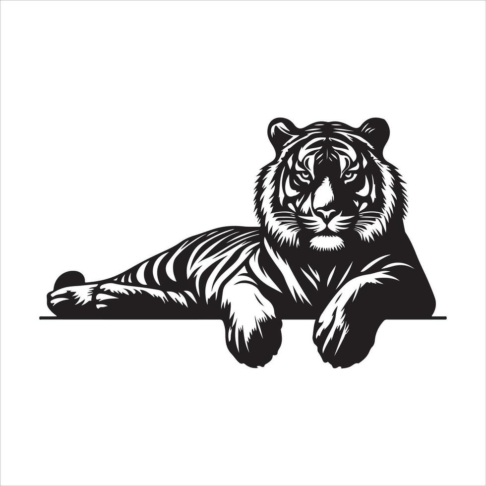 Tigre acostado abajo, negro color silueta vector