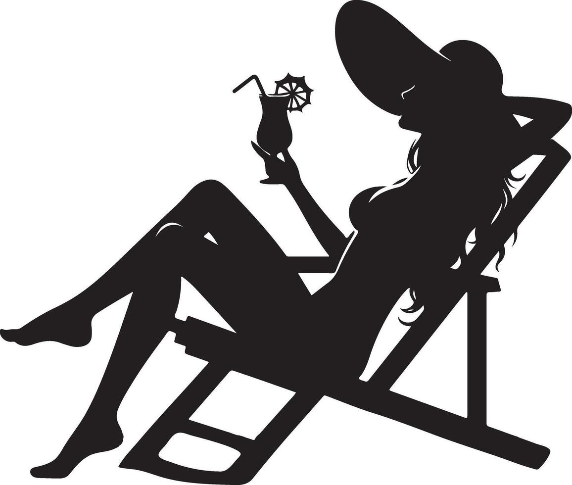 un mujer relajante en un playa silla con beber, negro color silueta vector