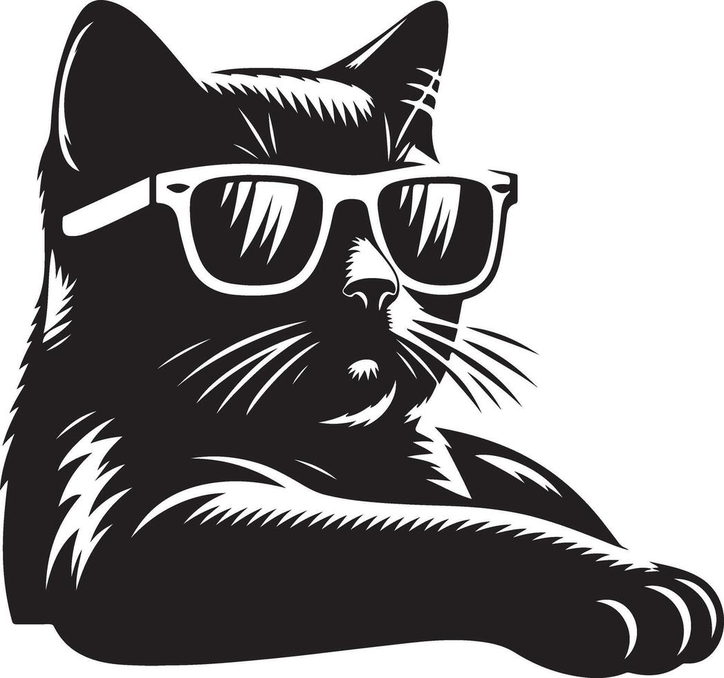 gato con Gafas de sol , negro color silueta, vector