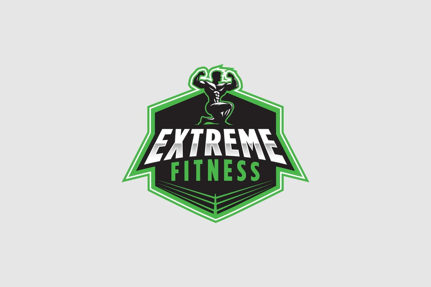 fitness, boxing and bodybuilding club badge emblem style logo with muscular body builder silhouette and boxing ring vector