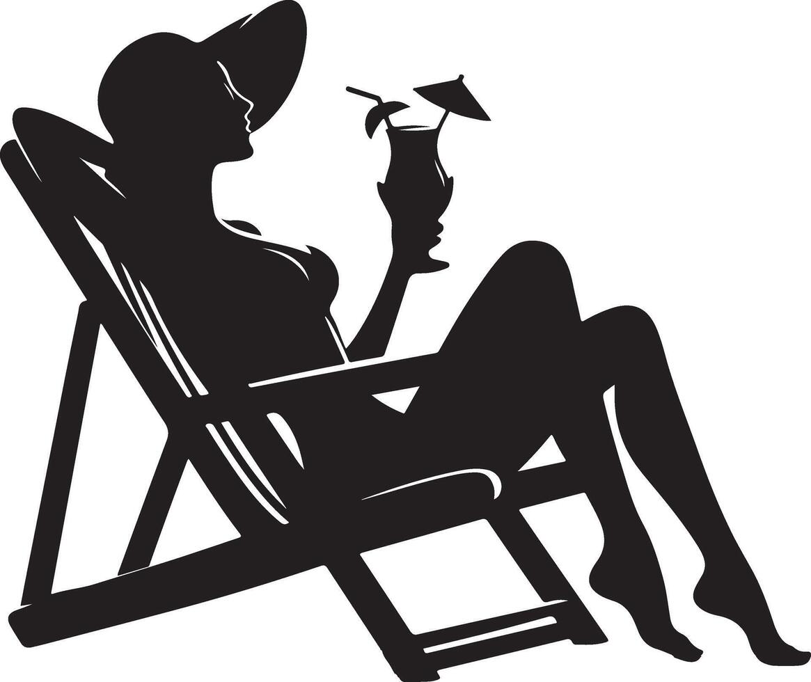 un mujer relajante en un playa silla con beber, negro color silueta vector