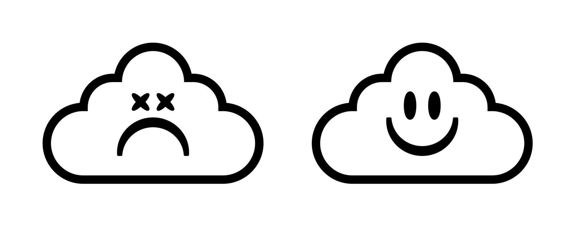 contento y triste nube cara icono. bueno y malo Internet conexión símbolo vector