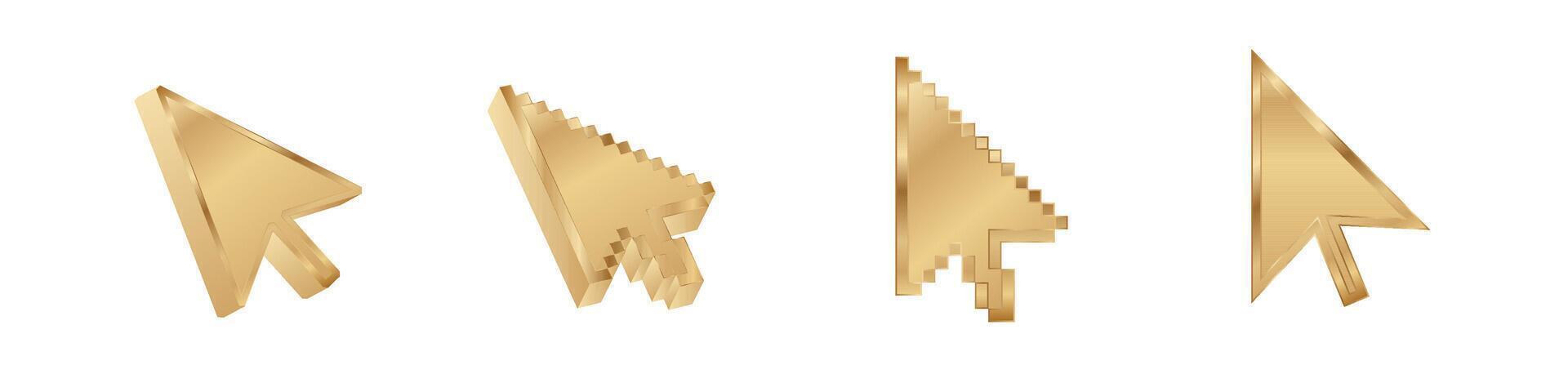 Click cursor 3d gold icon. Computer mouse pointer golden arrow vector