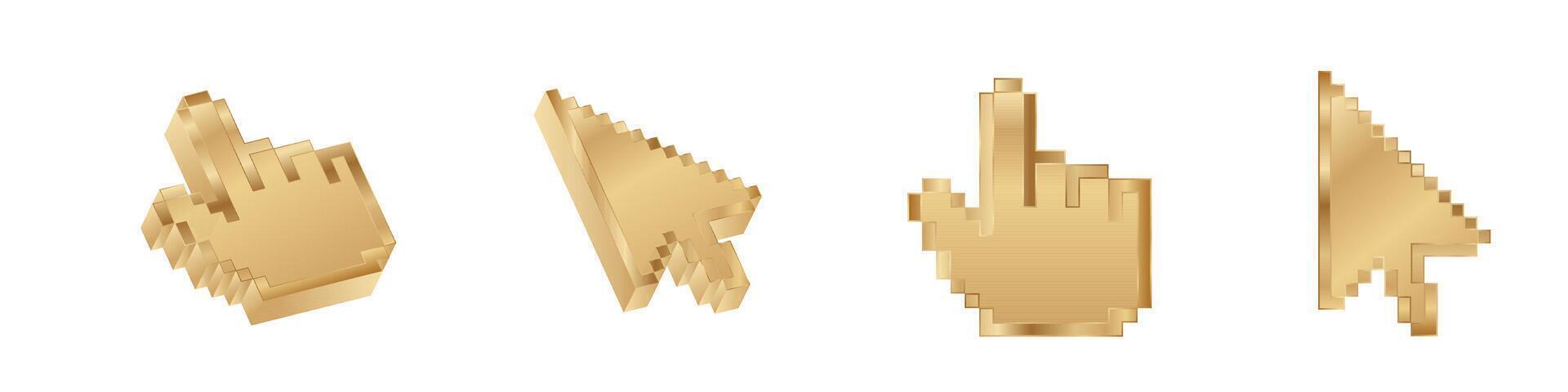 Click cursor 3d gold icon. Computer mouse pointer golden arrow vector
