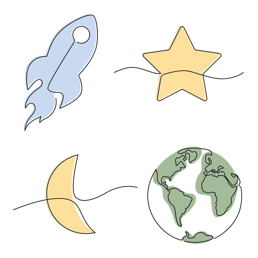 Space set drawn in one continuous line in color. One line drawing, minimalism. vector