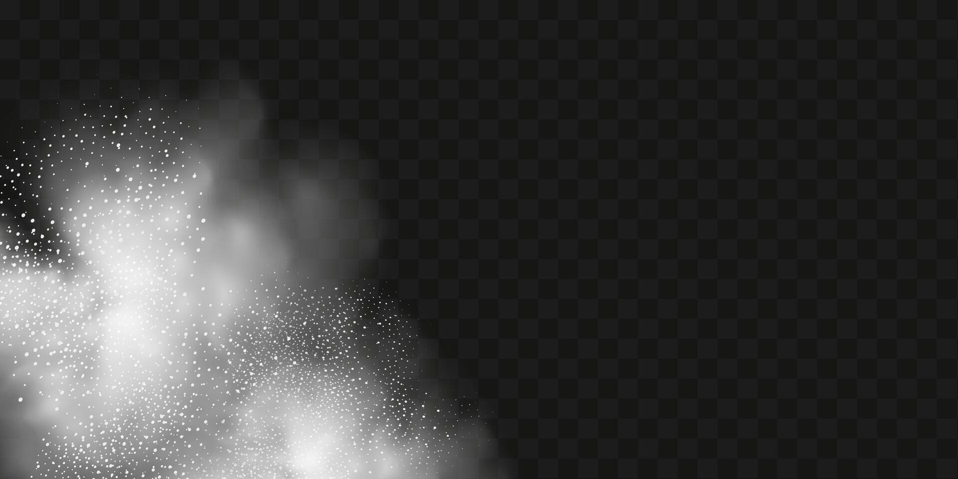 A realistic set of white clouds of flour, sugar, washing powder. An explosion of snow dust in the air. A splash of ice crystals in a white blizzard cloud. vector