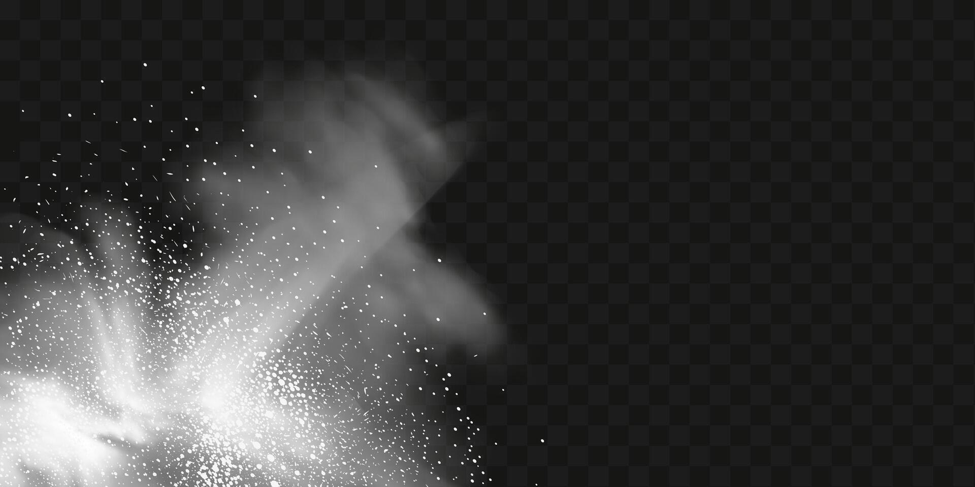 A realistic set of white clouds of flour, sugar, washing powder. An explosion of snow dust in the air. A splash of ice crystals in a white blizzard cloud. vector