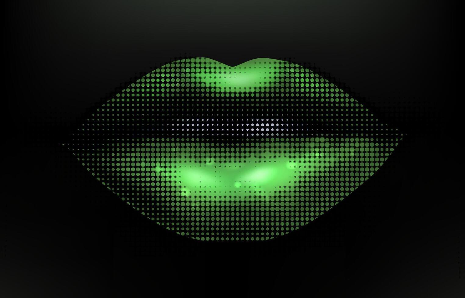 Green lips retro halftone on the black background. Natural sexy female lips in style modern dotted pop art style. illustration with vintage grunge punk cutout vector