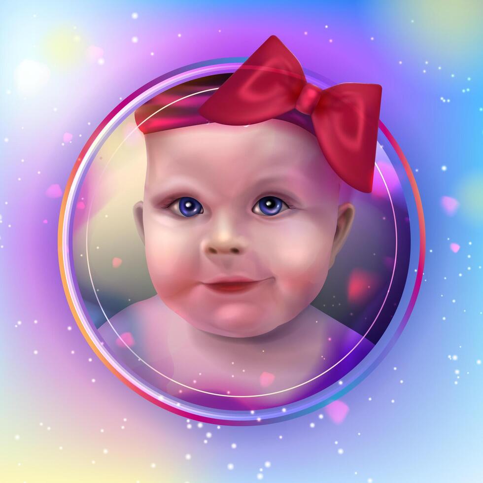 3d linda bebé. realista 3d niño niña avatar con azul ojos y rojo arco. dibujos animados resumen personaje .niños ilustración vector