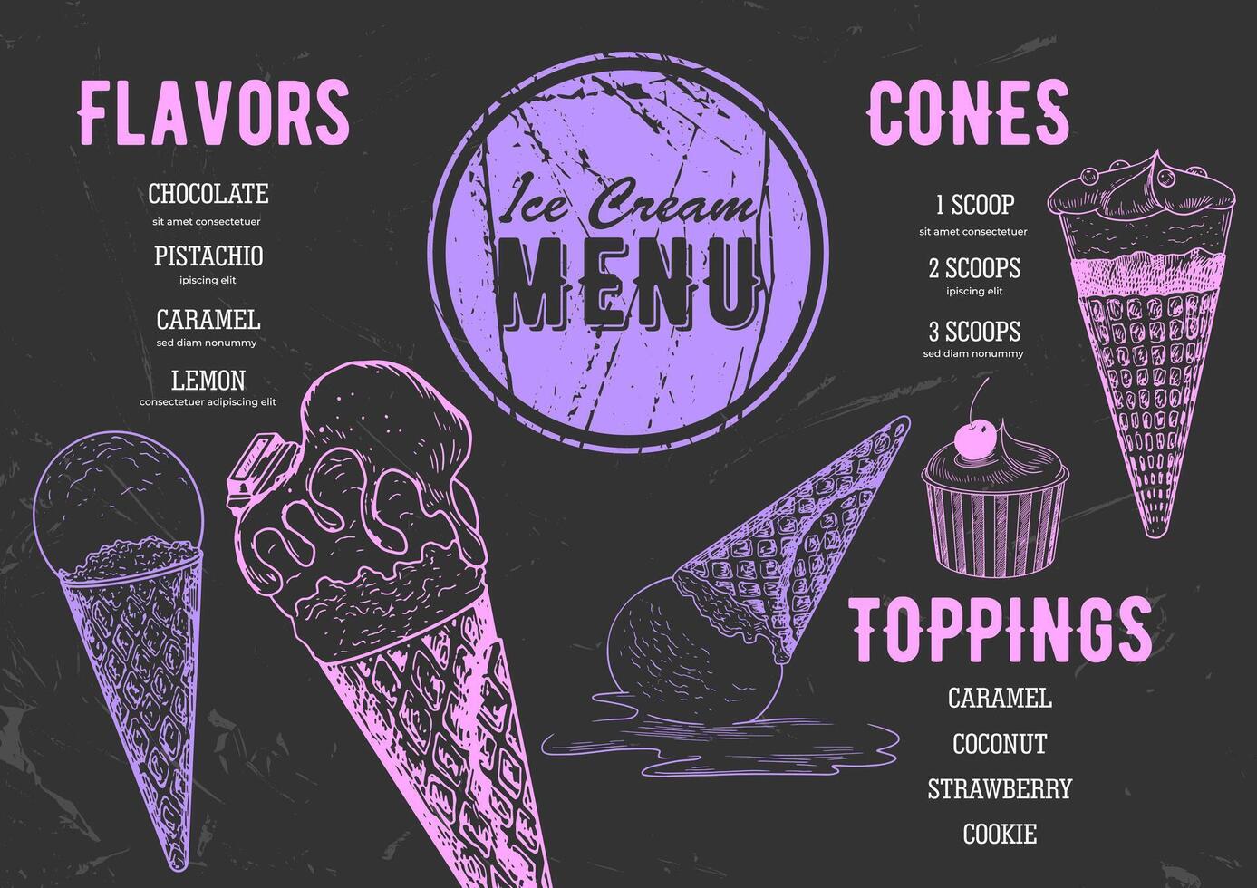 Template for ice cream menu for cafe and restaurant. Hand drawn ice cream in cone waffle. Frozen dessert in waffle cup. Retro style menu. Gelato drawing with hatching. vector