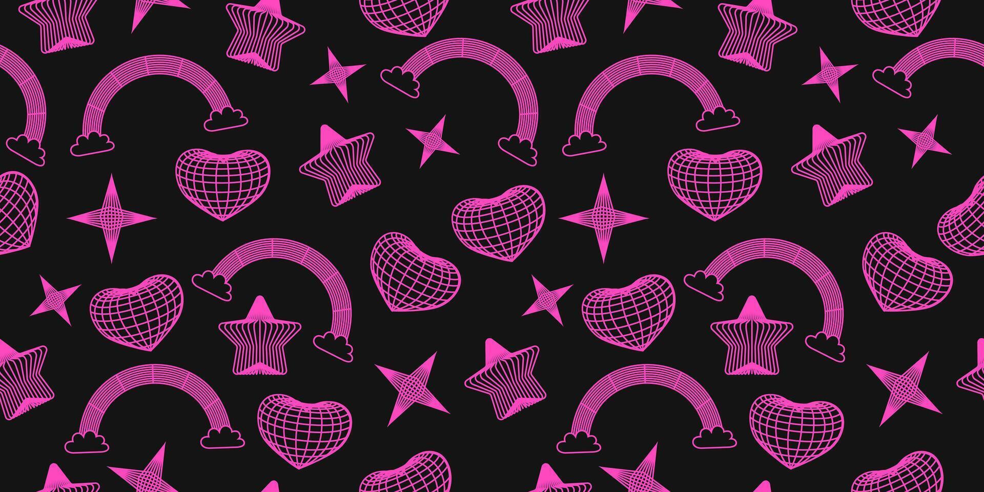 Seamless pattern with pink wireframe hearts, stars, rainbow with clouds on black background. Cyberpunk style texture with geometry grid. Y2K retro wave. 2000s psychedelic rave style. vector