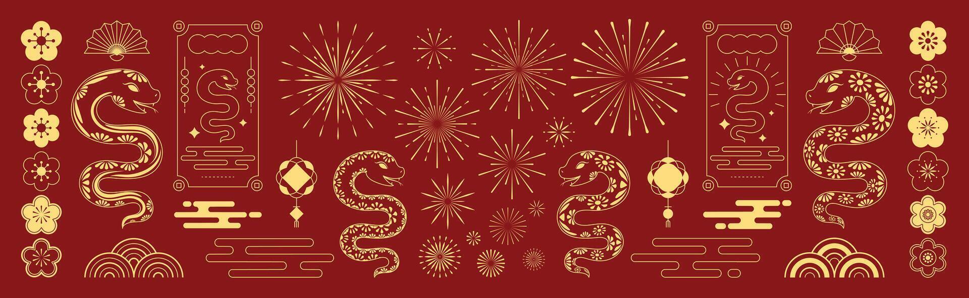 Chinese New Year icons set. Year of the snake with snake, cherry blossom flower, firework, hanging lantern, cloud isolated icon of Asian Lunar New Year. Oriental culture tradition illustration. vector
