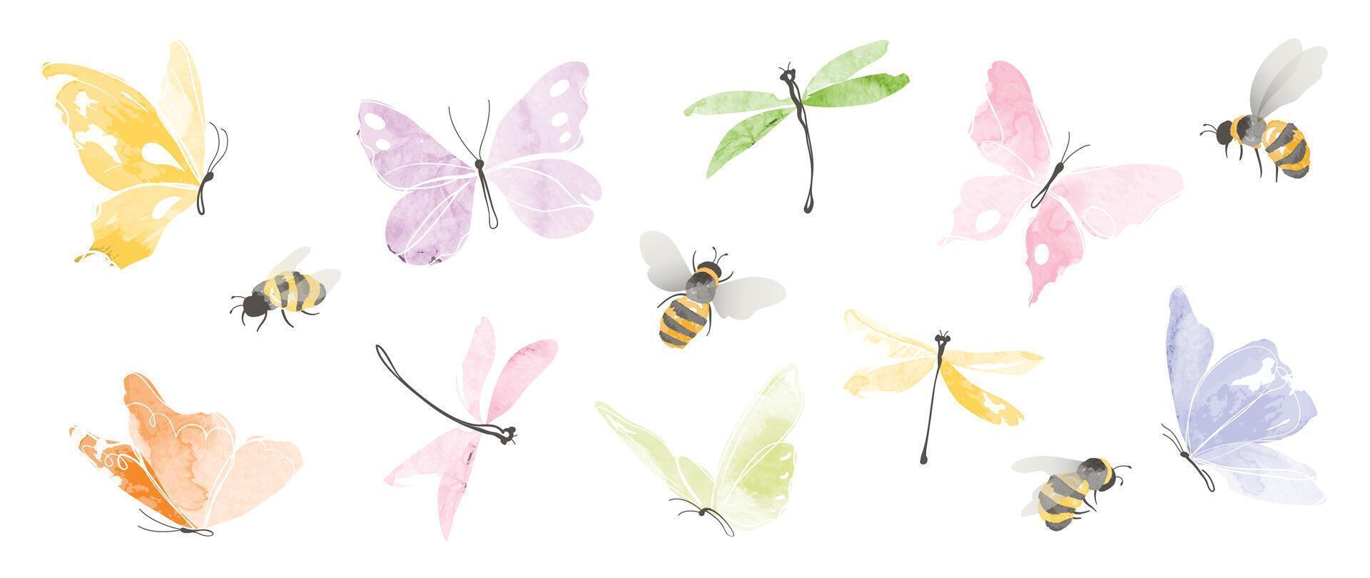 Set of insects garden elements . Collection of dragonfly, bee and butterfly colorful. Watercolor insects illustration design for logo, wedding, invitation, decor, print, card. vector