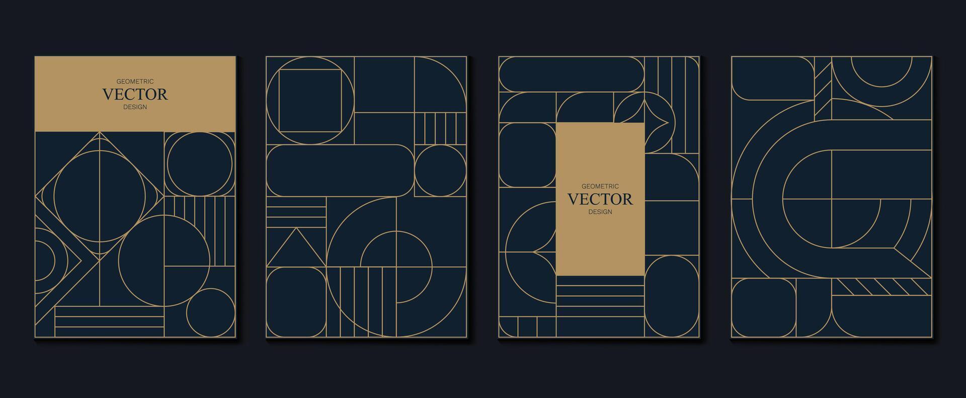 Geometric line pattern poster design . Set invitation card of abstract art decor design on dark blue background. Use for wedding invitation, cover, VIP card, print, gala, wallpaper. vector