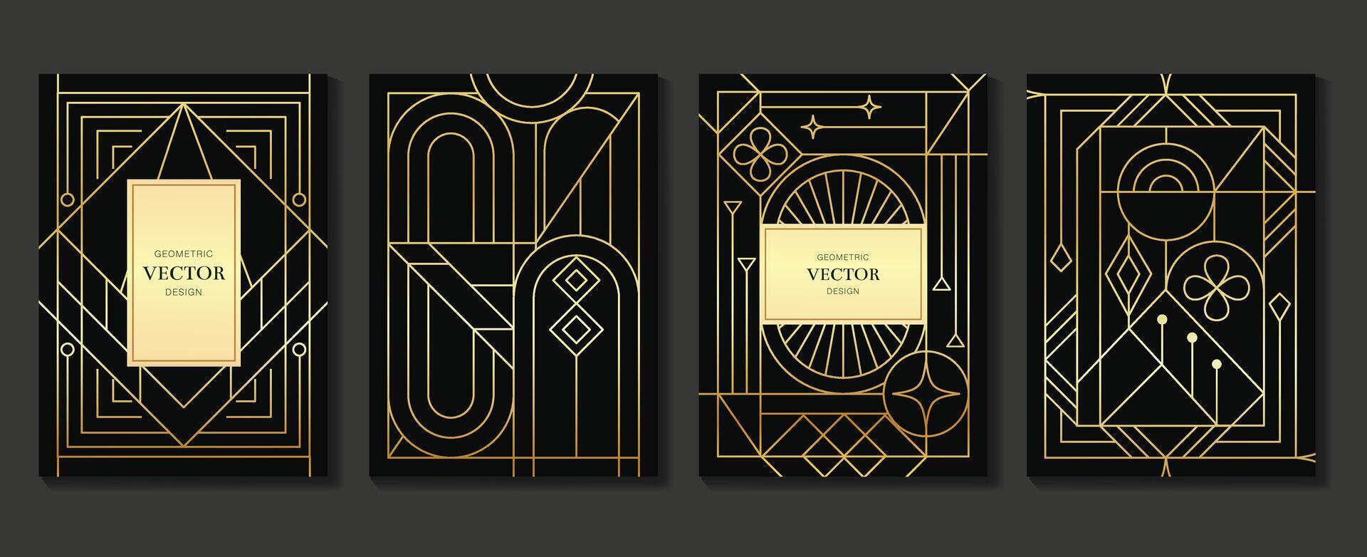 Art deco pattern cover design . Set invitation card of abstract geometric line art shape design on dark background. Use for wedding invitation, cover, VIP card, print, gala, wallpaper. vector