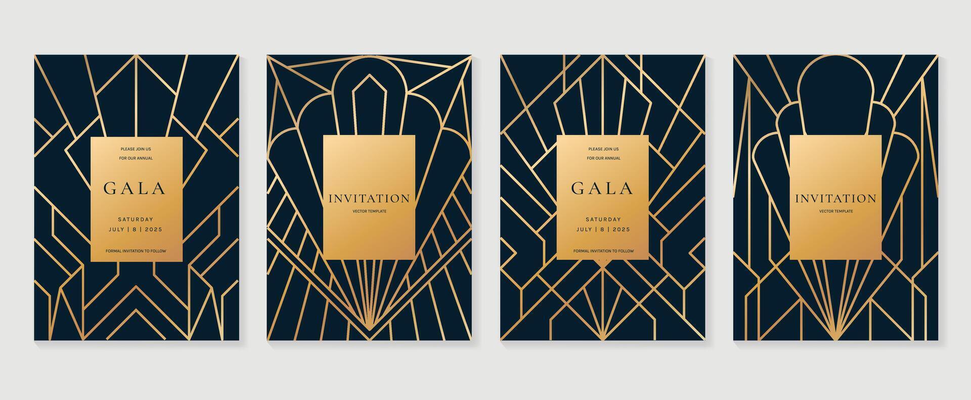 Arte deco modelo cubrir diseño . conjunto invitación tarjeta de resumen geométrico línea Arte forma diseño en oscuro azul antecedentes. utilizar para Boda invitación, cubrir, VIP tarjeta, imprimir, gala, fondo de pantalla. vector