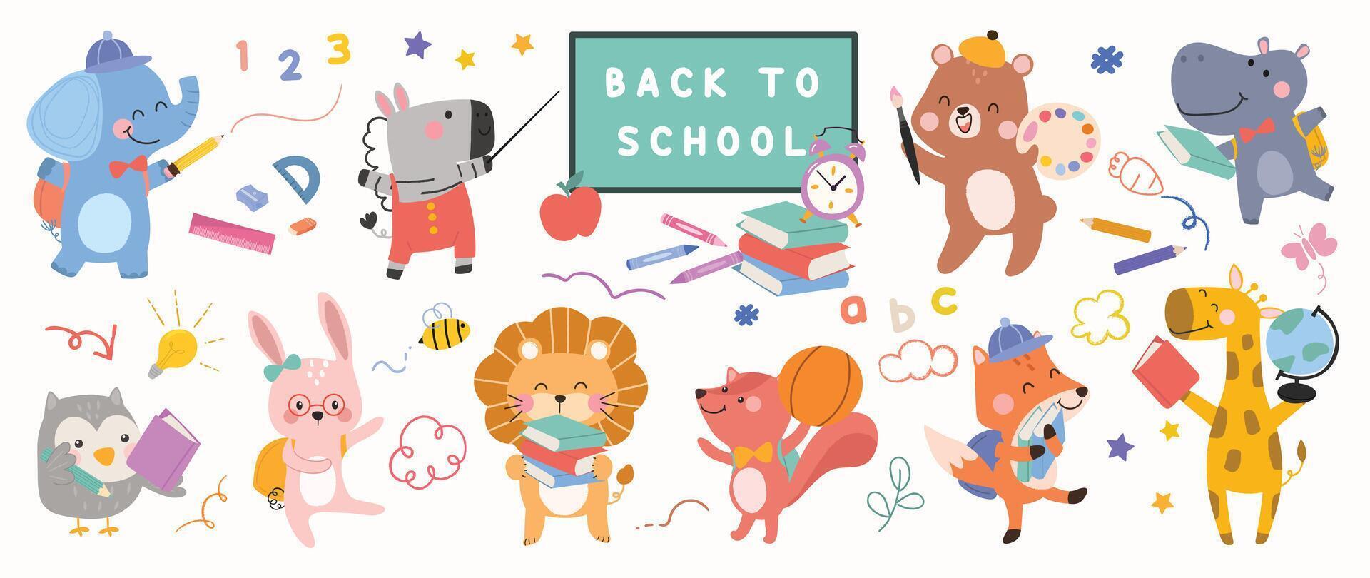 Back to School concept animal set. Collection of adorable wildlife, rabbit, squirrel, bear, fox, elephant. School with funny animal character illustration for greeting card, kids, education. vector