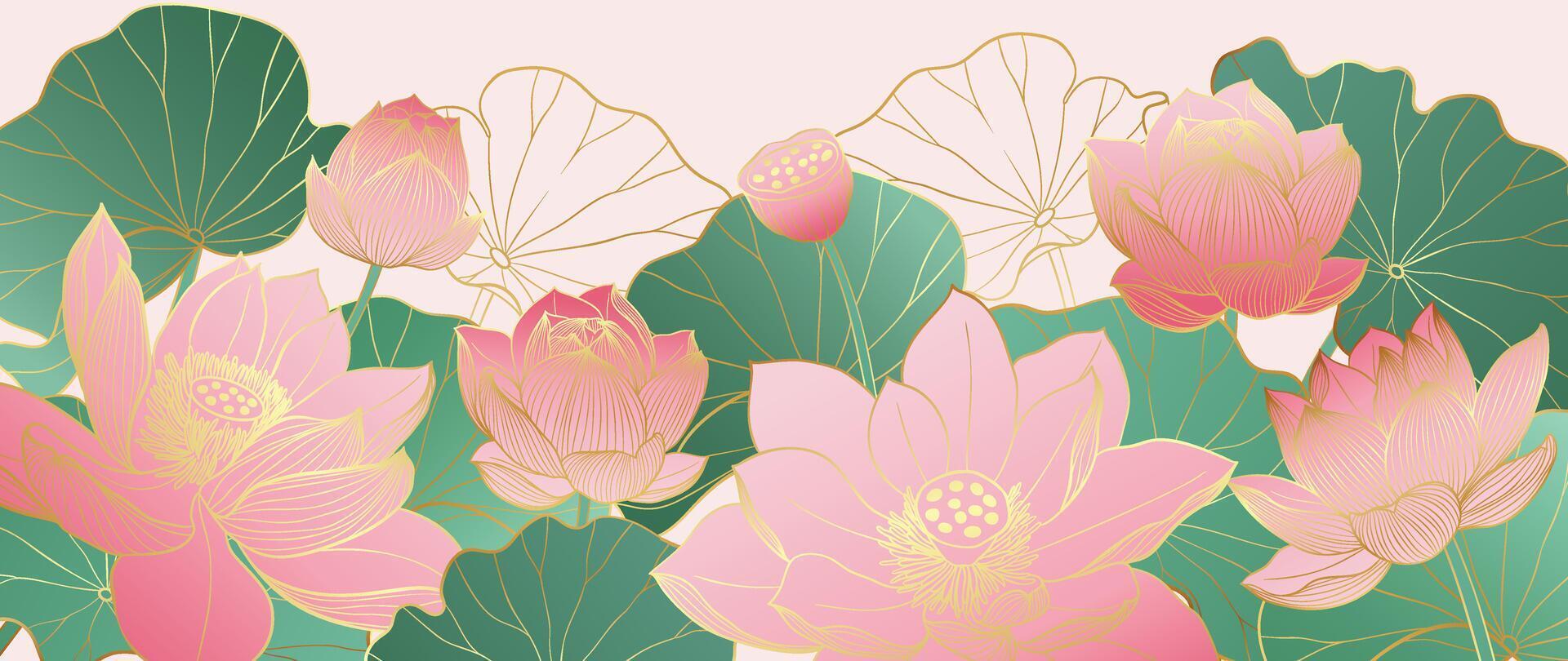 Luxury lotus flower background . Elegant pink lotus flowers golden line art, leaves, gradient color. Japanese and Chinese illustration Design for decor, wallpaper, poster, banner, packaging. vector
