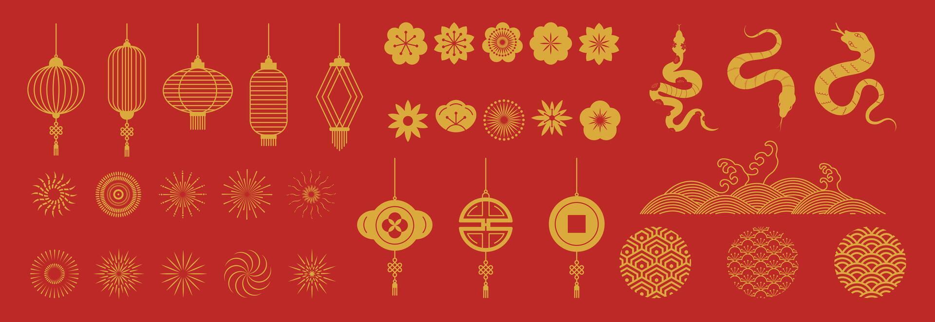 Chinese New Year icons set. Year of the snake with snake, cherry blossom flower, firework, hanging lantern, cloud isolated icon of Asian Lunar New Year. Oriental culture tradition illustration. vector
