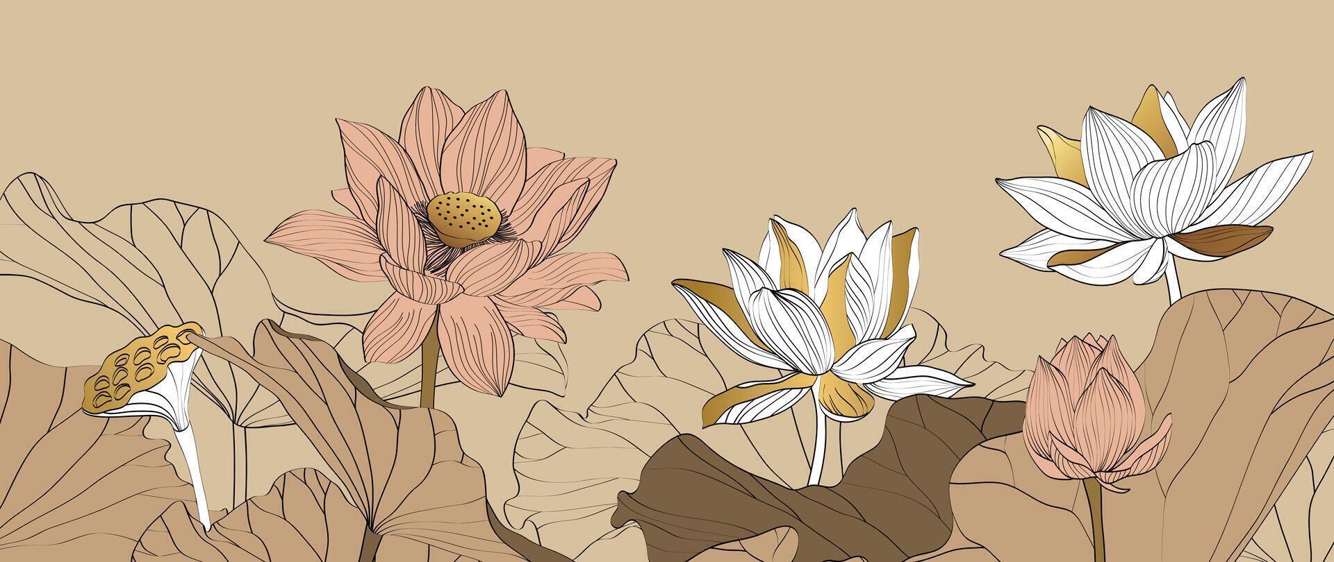 Luxury lotus flower background . Elegant white and beige lotus flower, leaf black line art, gold gradient. Japanese and Chinese illustration design for decor, wallpaper, banner, packaging. vector