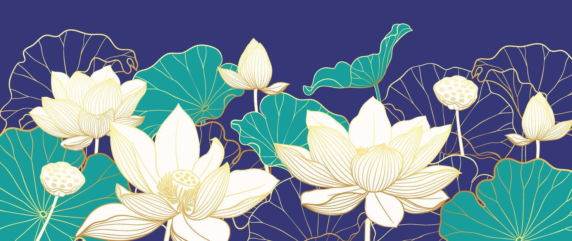 Luxury lotus flower background . Elegant white lotus flowers golden line art, leaves, gradient color on blue. Japanese and Chinese illustration Design for decor, wallpaper, banner, packaging. vector