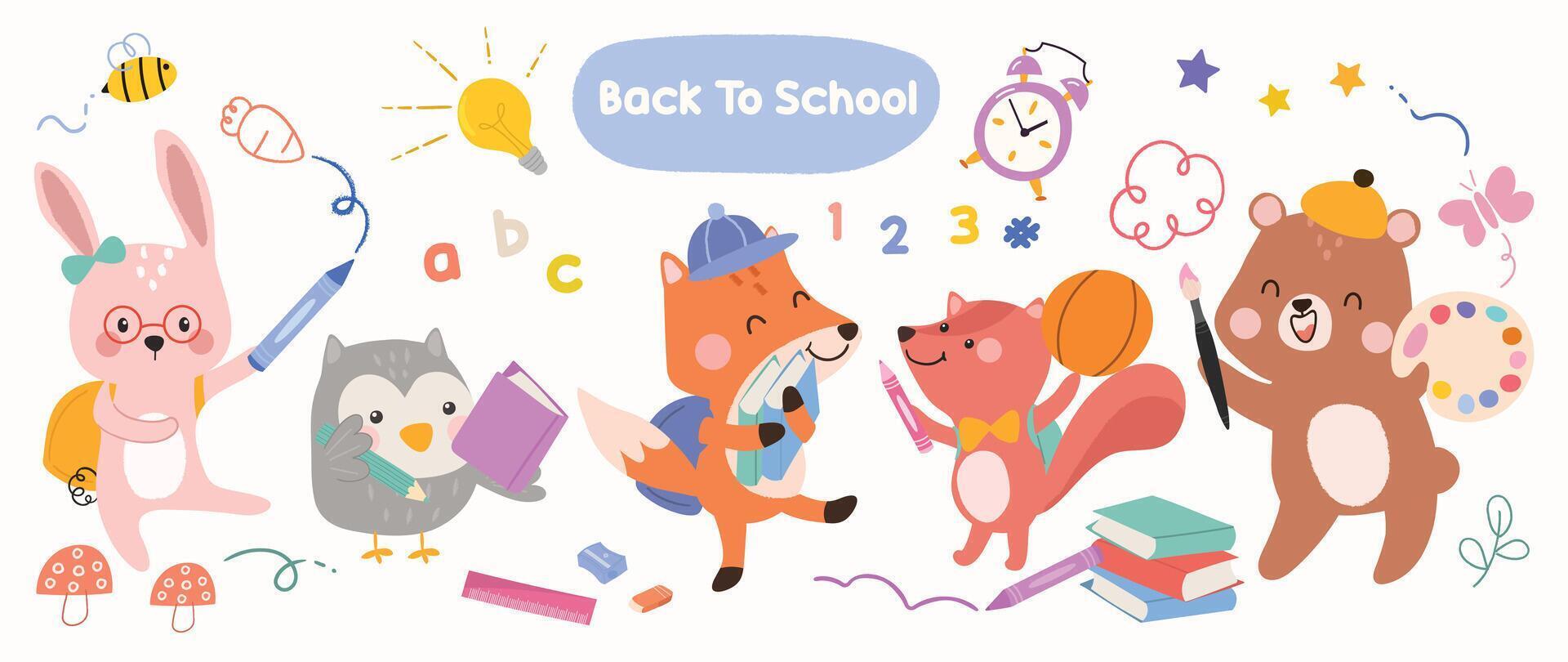 Back to School concept animal set. Collection of adorable wildlife, rabbit, squirrel, bear, fox, bird. School with funny animal character illustration for greeting card, kids, education. vector