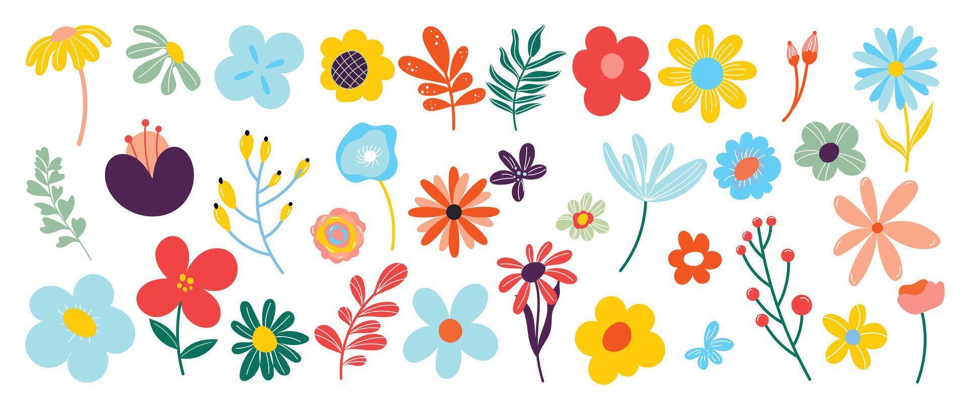 colección de primavera vistoso flor elementos . conjunto floral de flor silvestre, hoja rama, follaje en blanco antecedentes. mano dibujado florecer ilustración para decoración, Pascua de Resurrección, pegatina, clipart, impresión. vector