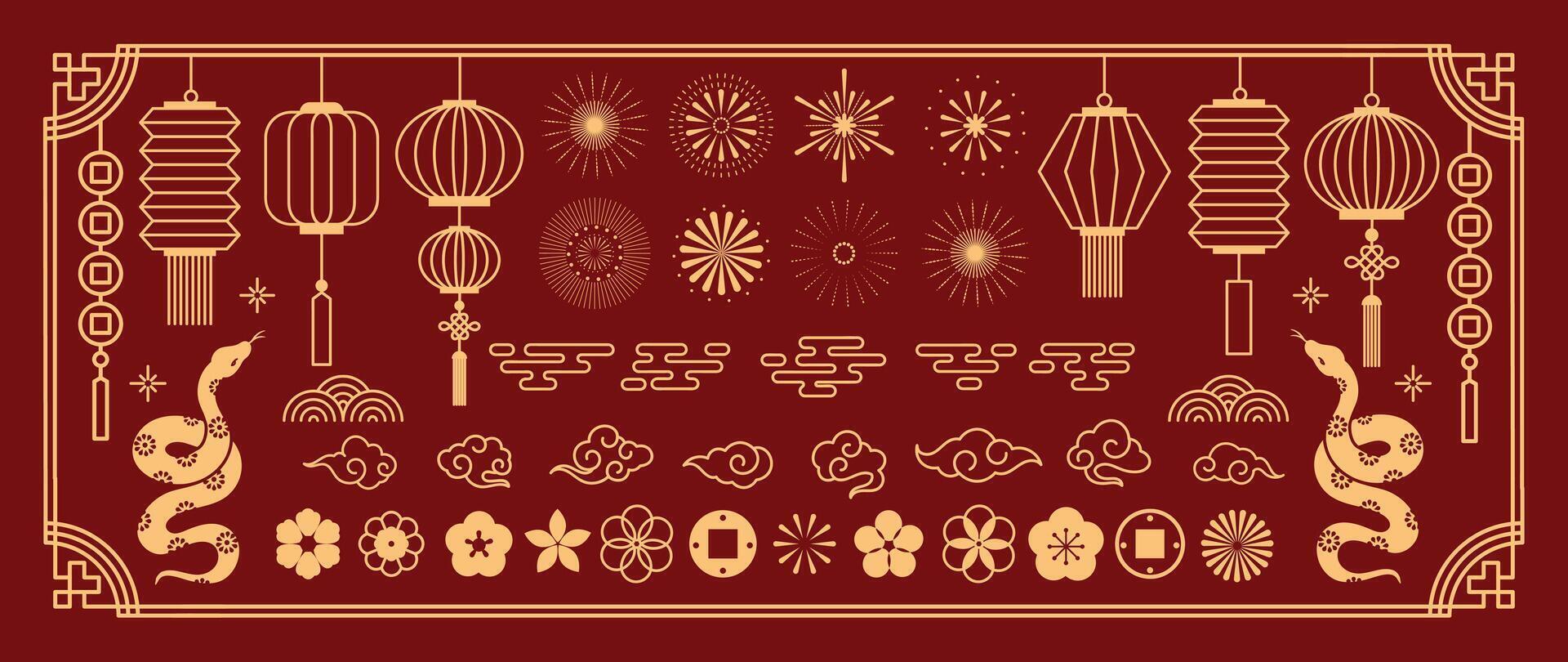 chino nuevo año íconos colocar. año de el serpiente con serpiente, Cereza florecer flor, Fuegos artificiales, colgando linterna, nube aislado icono de asiático lunar nuevo año. oriental cultura tradicion ilustración. vector