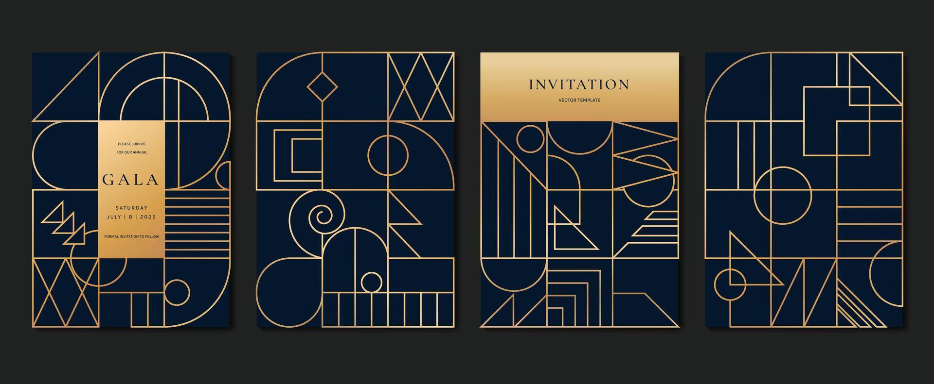 Geometric line pattern cover design . Set invitation card of abstract geometric line art design on dark blue background. Use for wedding invitation, cover, VIP card, print, gala, wallpaper. vector