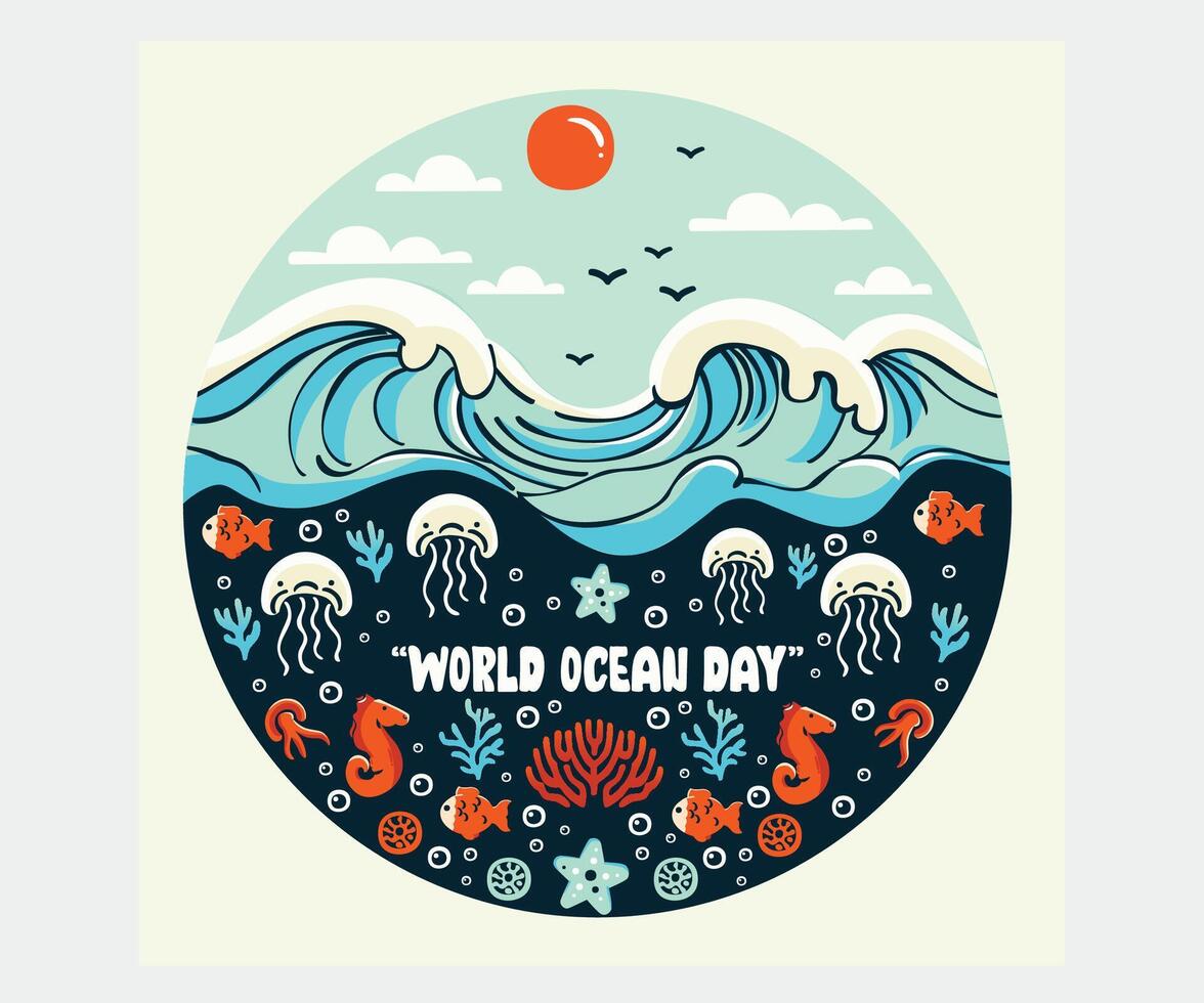 mundo Oceano día póster con mar criaturas ilustración vector